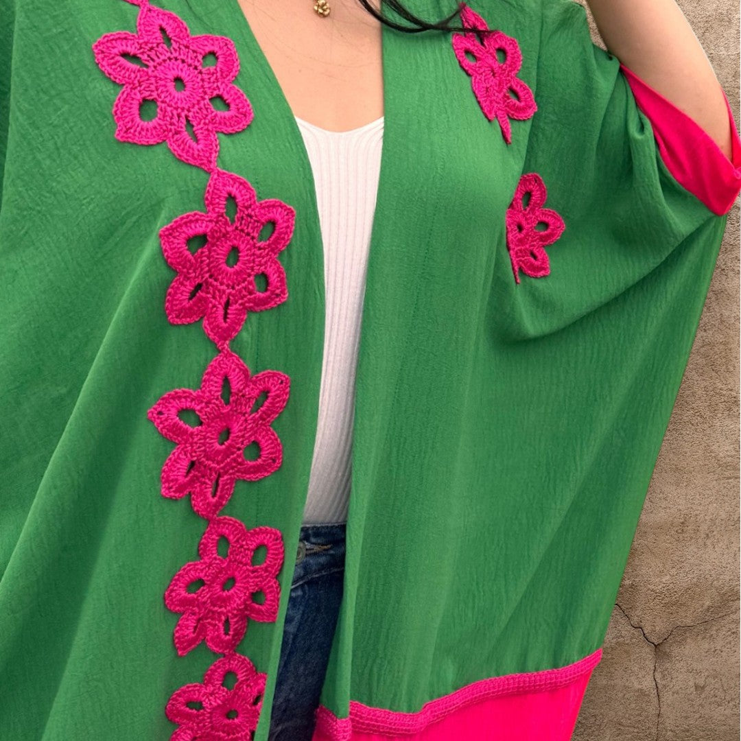 Green with Fuchsia Crochet Kimono
