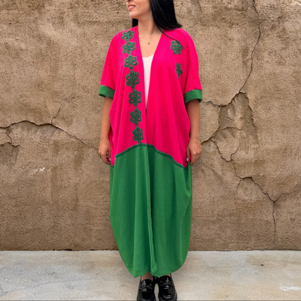 Fuchsia with Green Crochet Kimono