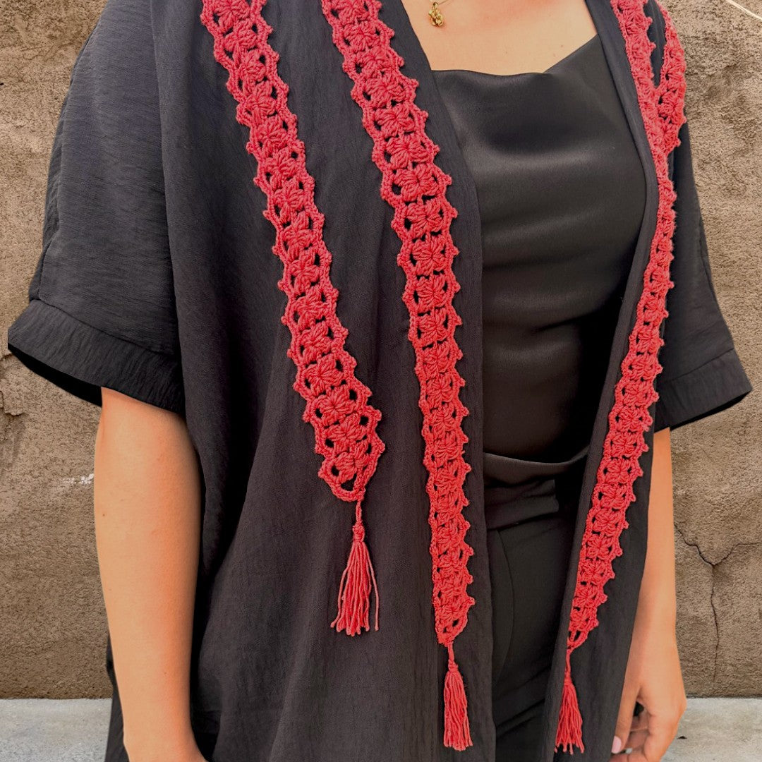 Black Abaya with Reddish Crochet