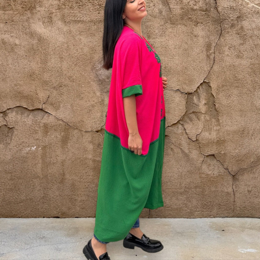 Fuchsia with Green Crochet Kimono