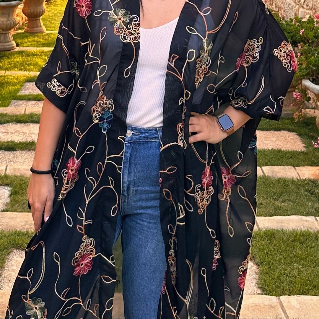 Black Chiffon Floral Abaya