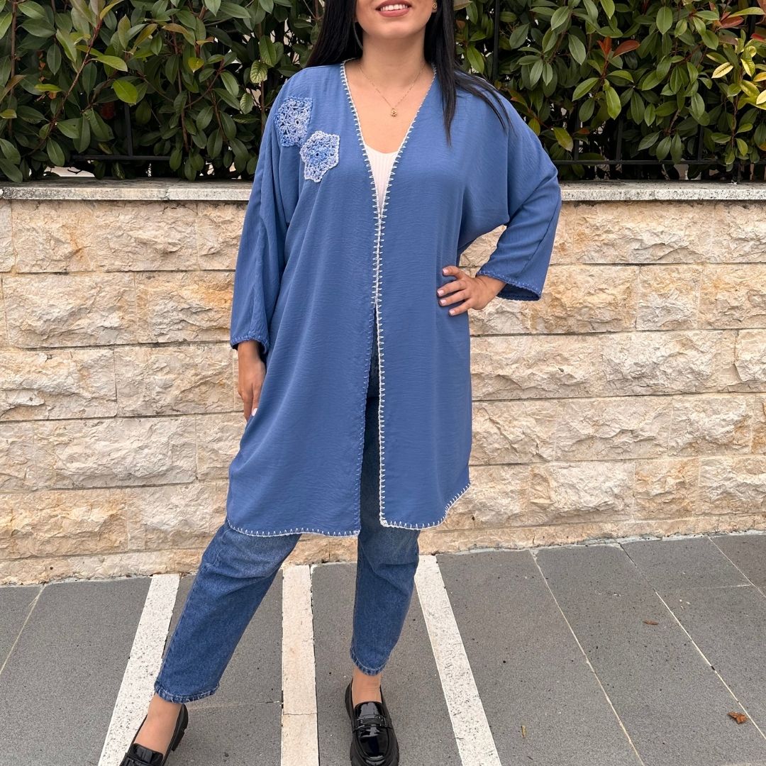 Royal Blue Embroidered Short Kimono