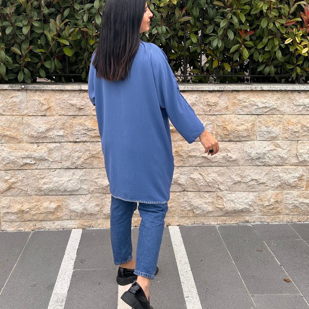 Royal Blue Embroidered Short Kimono