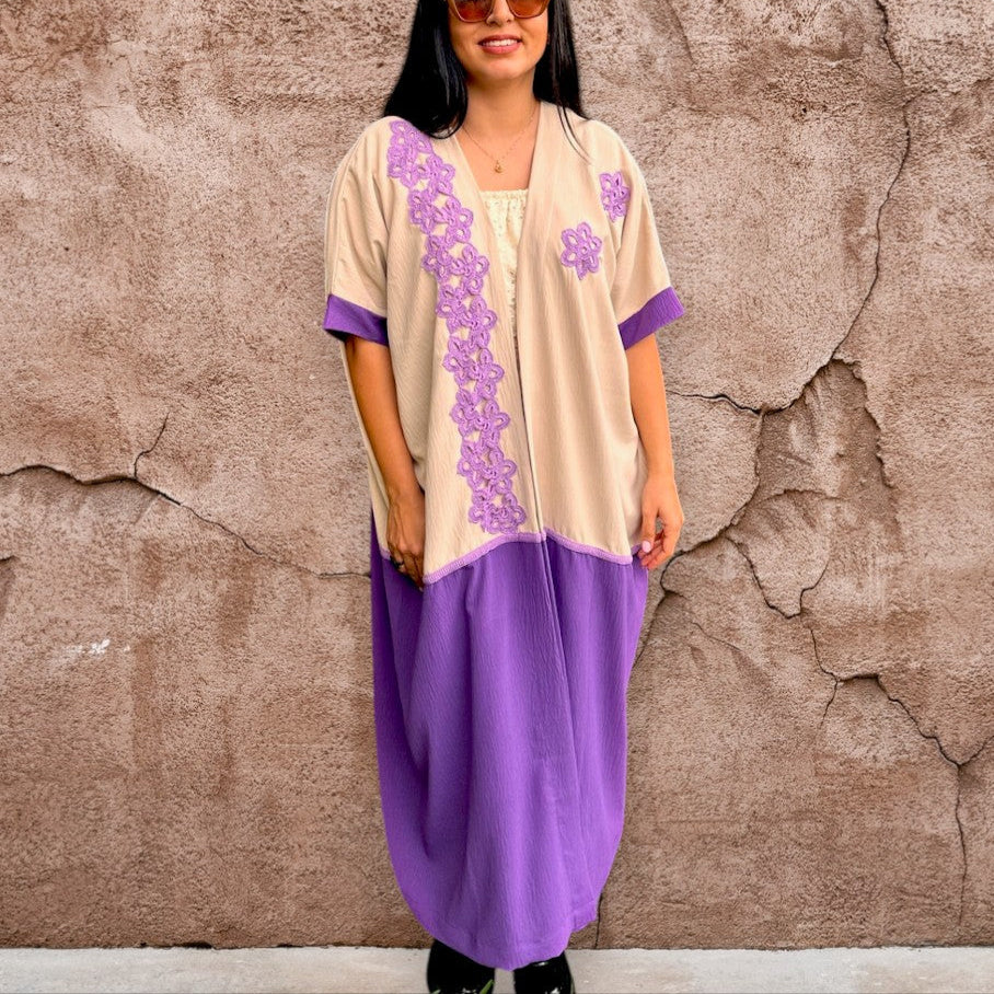 Purple & Cream Floral Crochet Kimono