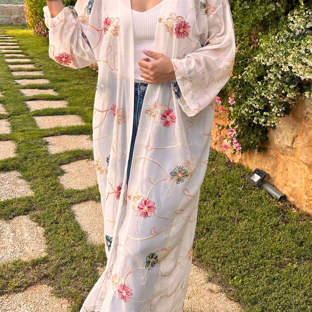 Ivory Chiffon Embroidered Floral Abaya