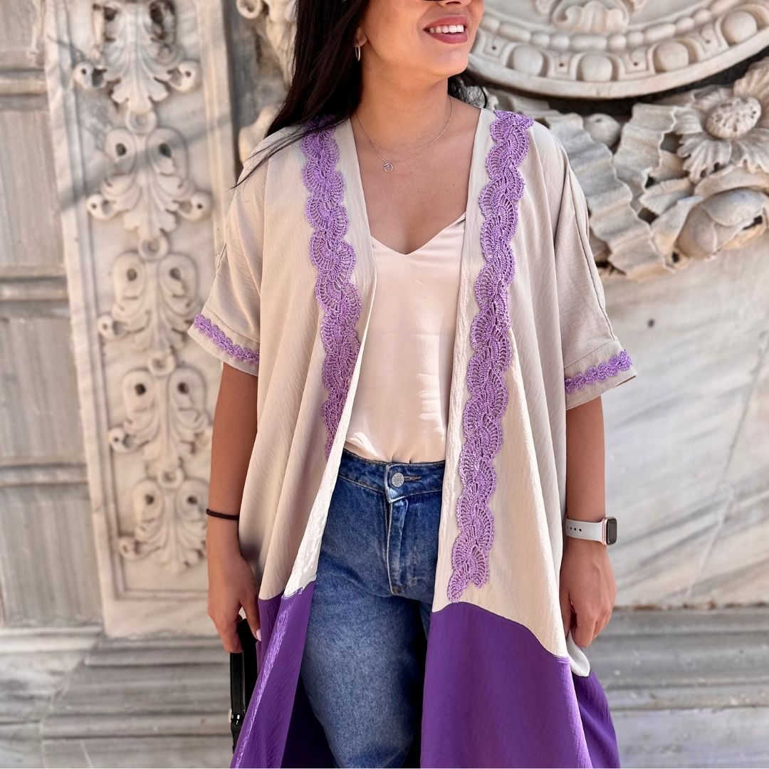 Purple & Cream Interlocked Crochet Kimono