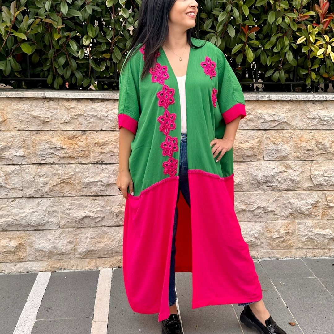 Green with Fuchsia Crochet Kimono