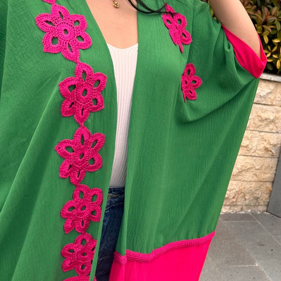 Green with Fuchsia Crochet Kimono