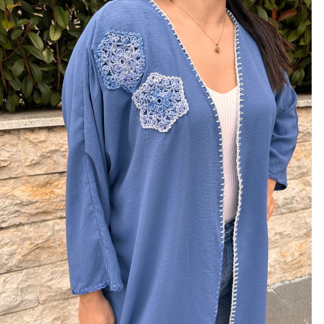 Royal Blue Embroidered Short Kimono