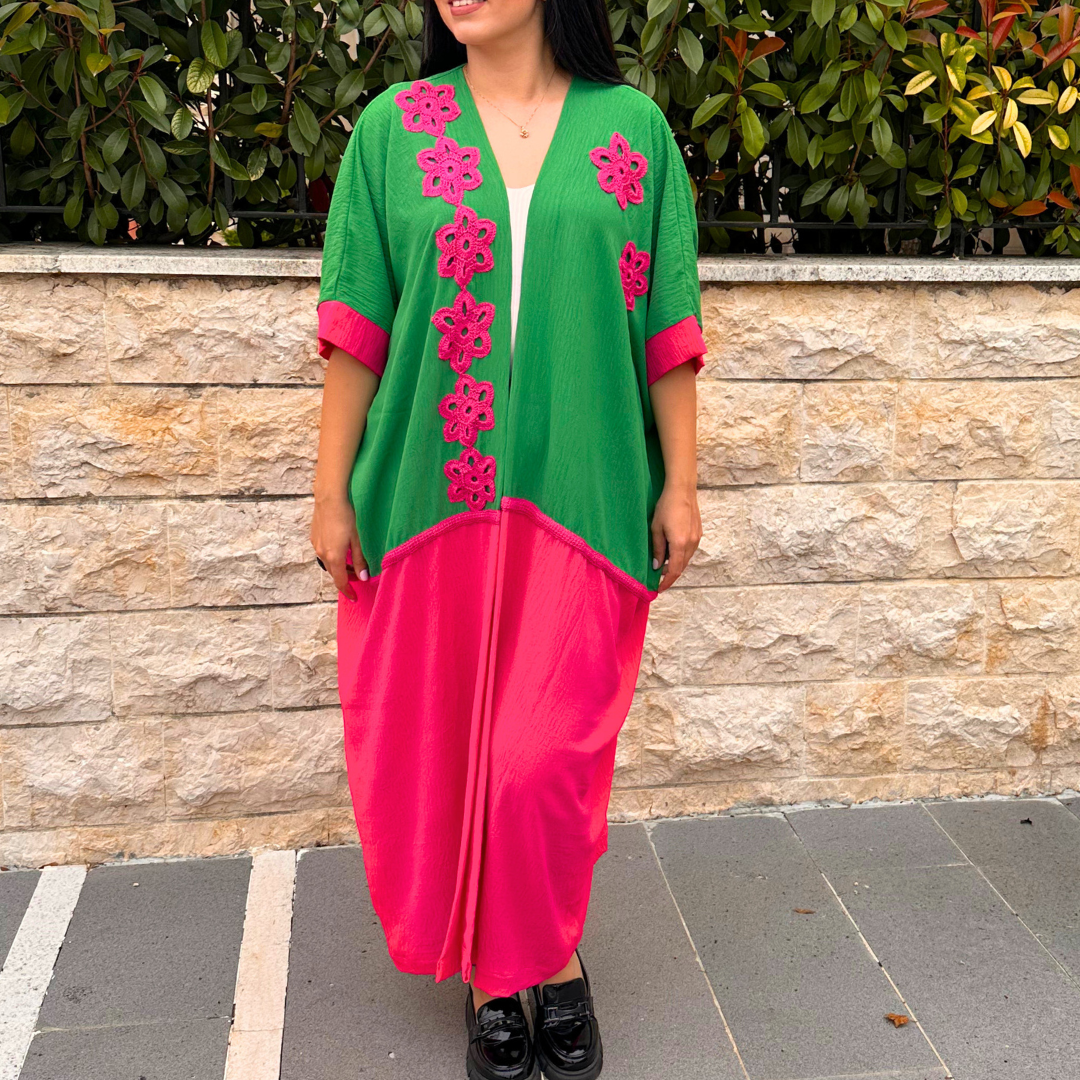 Green with Fuchsia Crochet Kimono